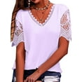 thumbnail image 1 of DYMADE Womens Summer Plus Size S-5XL Short Sleeve V-Neck Solid Color Lace Stitching Basic T-Shirts, 1 of 4