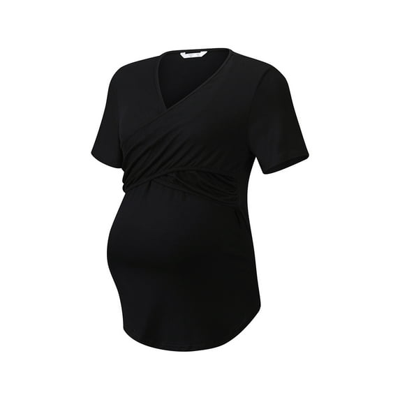 DYMADE Womens Summer Short Sleeve V-Neck Solid Color Pleated Nursing Breastfeeding Maternity T-Shirts