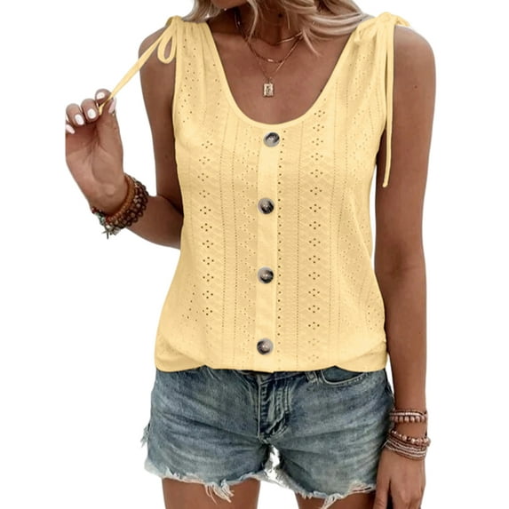 DYMADE Womens Summer Sleeveless Round Neck Buttons Draw String Solid Color Basic Tank Tops