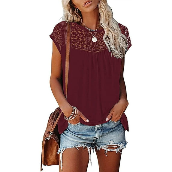 DYMADE Womens Summer Solid Color Short Sleeve Round Neck Lace Stichting Basic T-Shirts