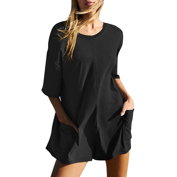 DYMADE Womens Summer Solid Short Sleeve Backless Pockets One-Piece Jumpsuit Shorts