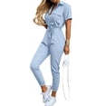 thumbnail image 1 of DYMADE Womens Summer Striped Workwear Short Sleeve Turn-down Collar Single-Breasted One-Piece Jumpsuit, 1 of 2