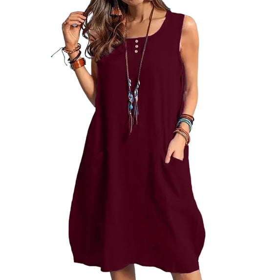 DYMADE Womens Summer Sundress Cotton Solid Round Neck Sleeveless Tank Dress