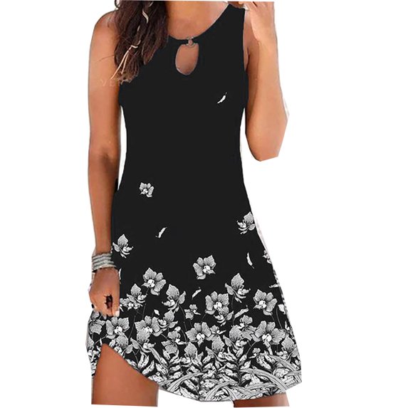 DYMADE Womens Summer Sundress Floral Print Round Neck Sleeveless Tank Dress
