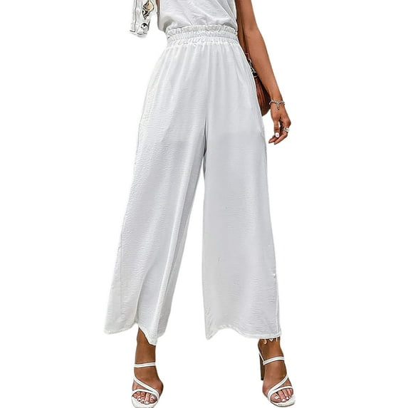 DYMADE Womens Summer Thin Breathable Elastic Waist High Waist Loose Causal Pants Wide-Leg Trousers