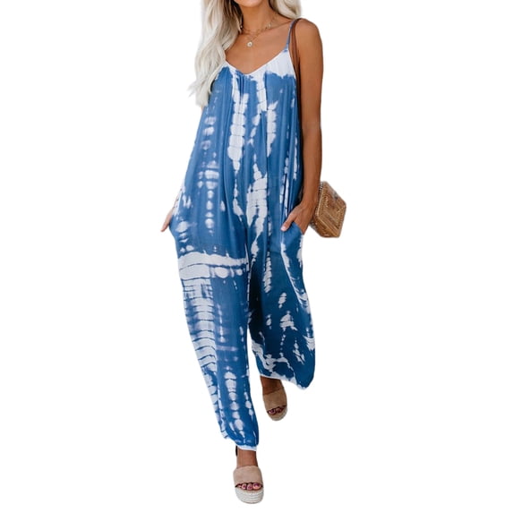 DYMADE Womens Summer Thin Cotton Linen Dungarees Playsuit Elastic Waist Leopard Tie-Dye Jumpsuit