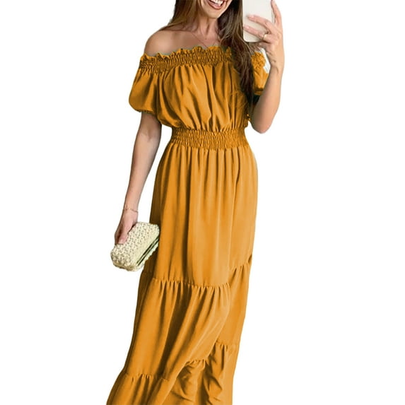 DYMADE Womens Summer Travel Sexy Off- Shoulder Short Sleeve Ruffle Pleated Maxi Dresses