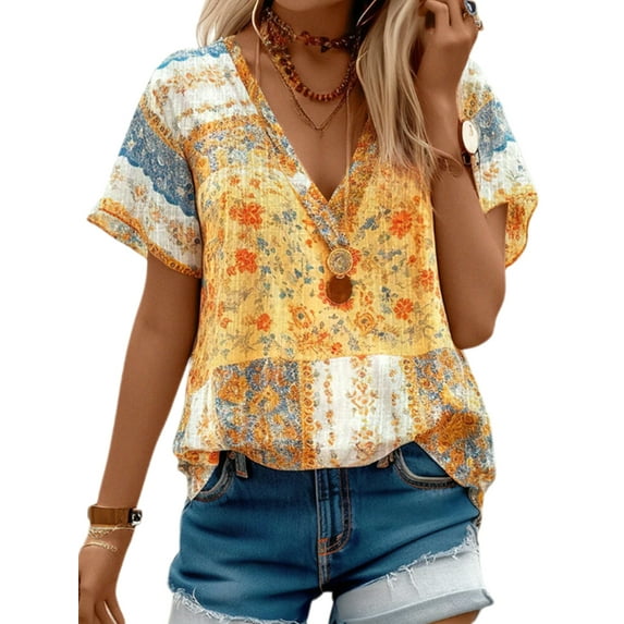 DYMADE Womens Summer V-Neck Short Sleeve Floral Print Basic Blouses T-Shirt Tops