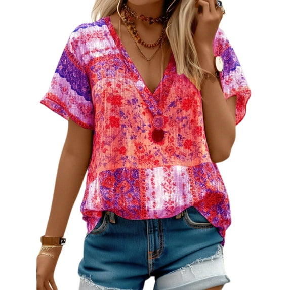 DYMADE Womens Summer V-Neck Short Sleeve Floral Print Basic Blouses T-Shirt Tops
