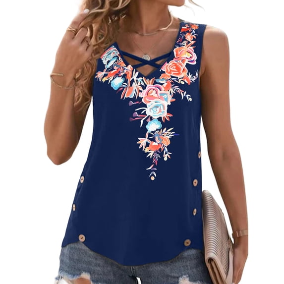 DYMADE Womens Summer Wide Strap Floral Print Sleeveless V-Neck Casual Basic Tank Tops