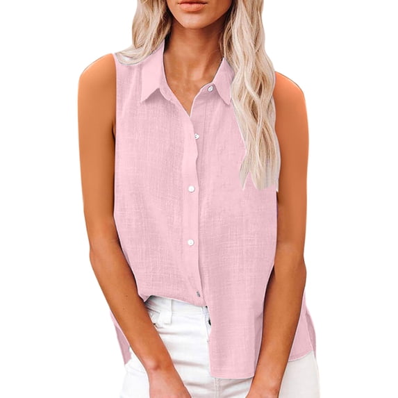DYMADE Womens Summer Workwear Turn-down Collar Sleeveless Single Breasted Basic Blouse