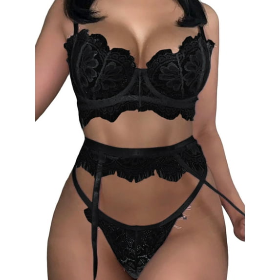 DYMADE Womens Valentine's Day Lingerie Sets with Garter Belts 3Pcs Sets Sexy Sheer Mesh Unlined Bra with G-Strings Underwear Babydoll Teddy Bodysuit