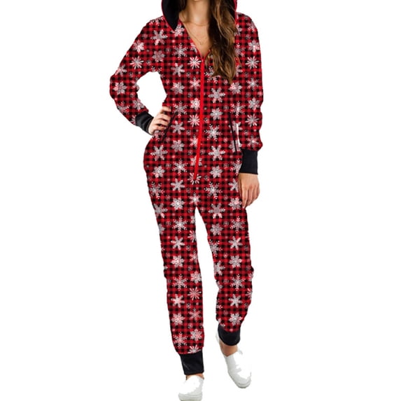 DYMADE Womens Winter Pajamas Sleepwear Pockets Christmas Check Palid Snowman Print Spliced Long Sleeve One Piece Jumpsuit