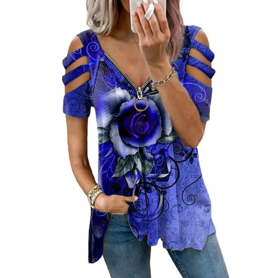 DYMADE Womens Zipper V Neck Cold Shoulder Printed Tunic Top Blouses