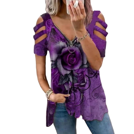 DYMADE Womens Zipper V Neck Cold Shoulder Printed Tunic Top Blouses