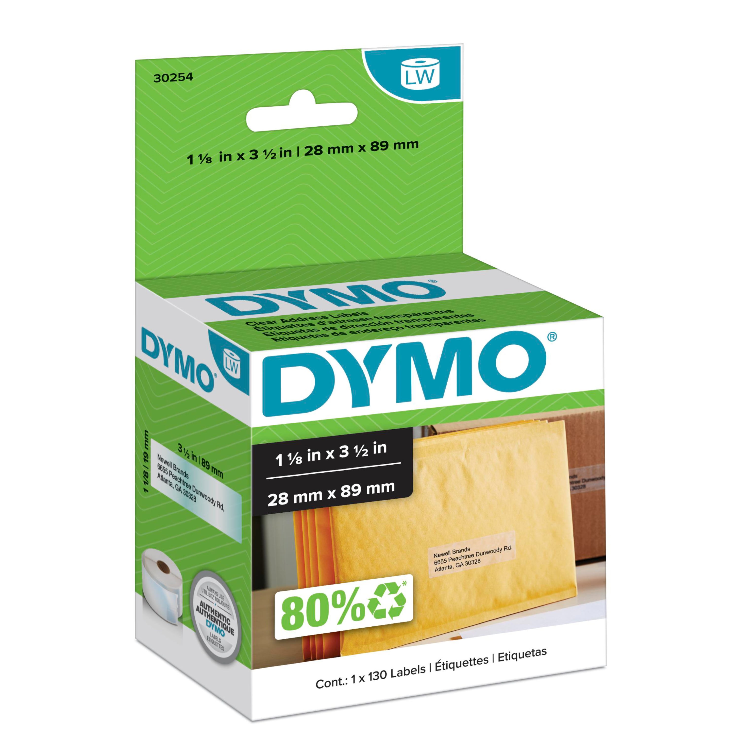 DYMO Authentic LW Clear Mailing Address Labels, 1-1/8" x 3-1/2", 1 Roll of 130