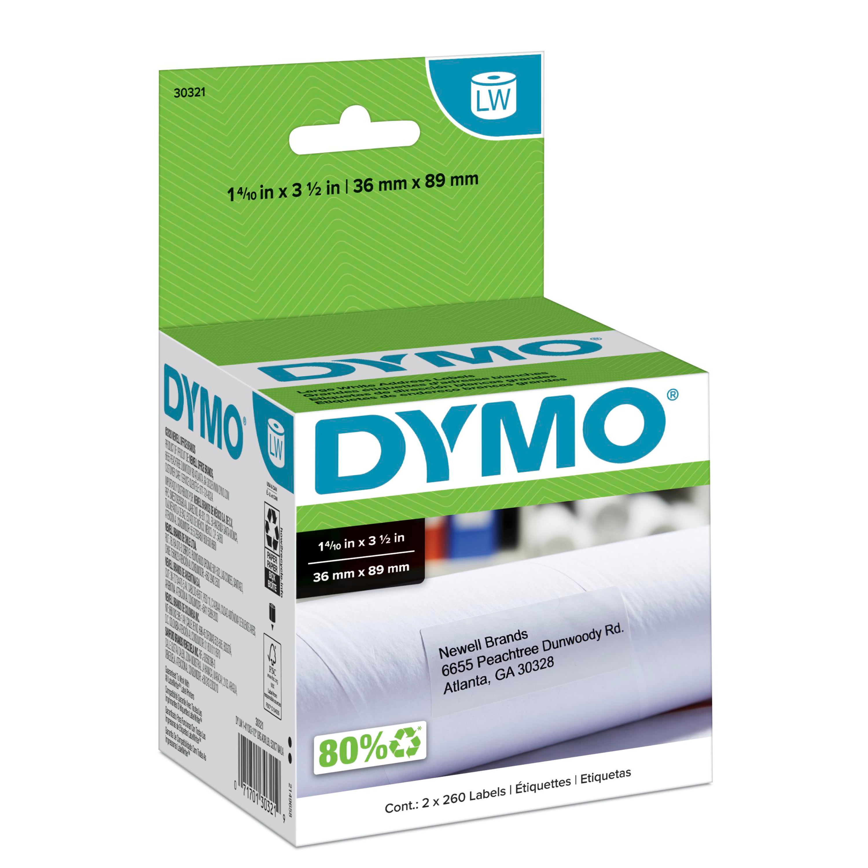 DYMO Authentic LW Large Mailing Address Labels, White, 1-4/10'' x 3-1/2'', 2 Rolls of 260