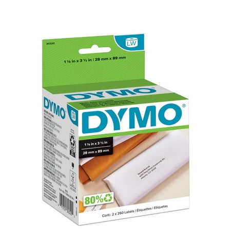 DYMO Authentic LabelWriter White Mailing Address Labels, 1-1/8" x 3-1/2", 2 Rolls of 260