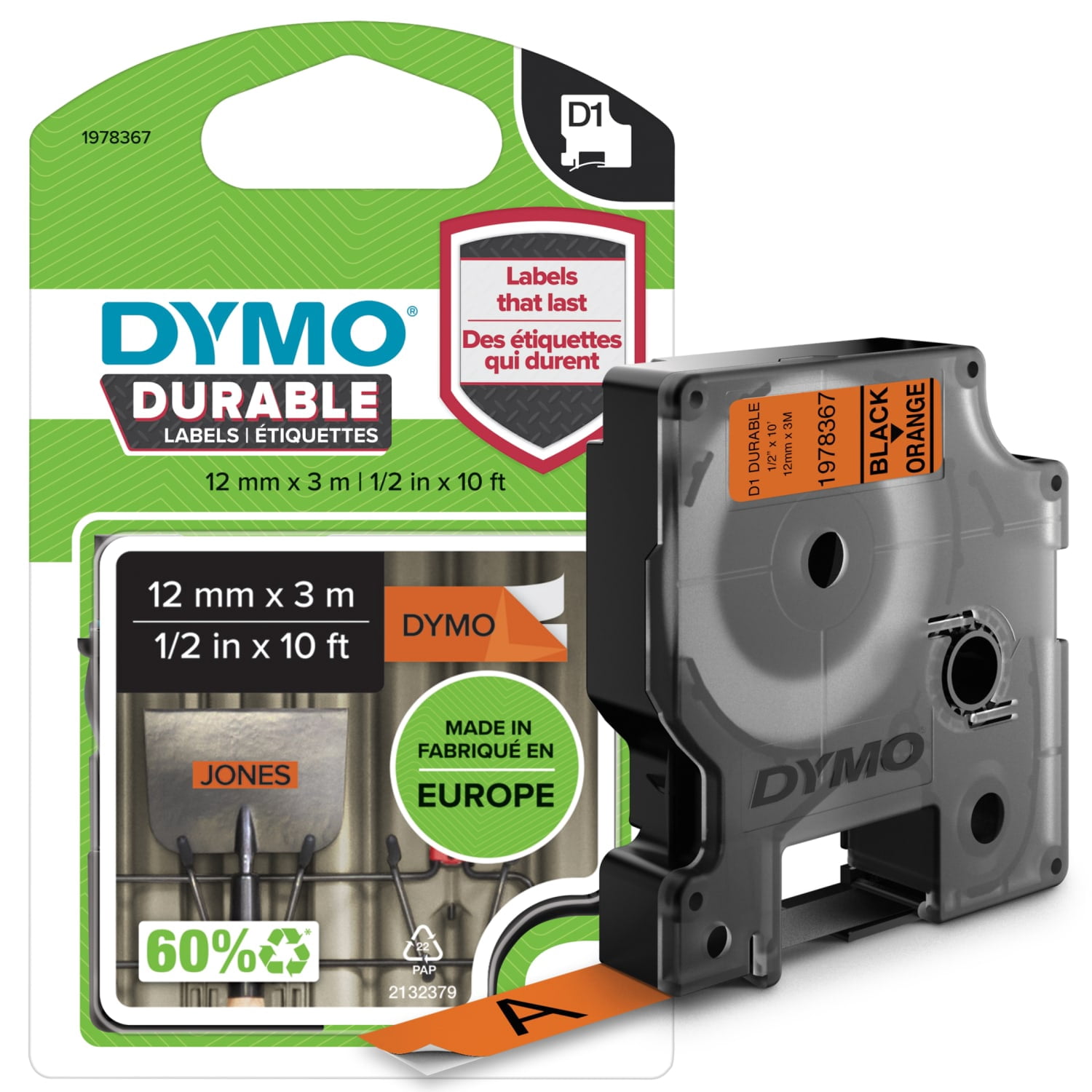 DYMO D1 Durable Labeling Tape for LabelManager Label Makers, Black Print on Orange Tape, 1/2" W x 10' L, 1 Cartridge