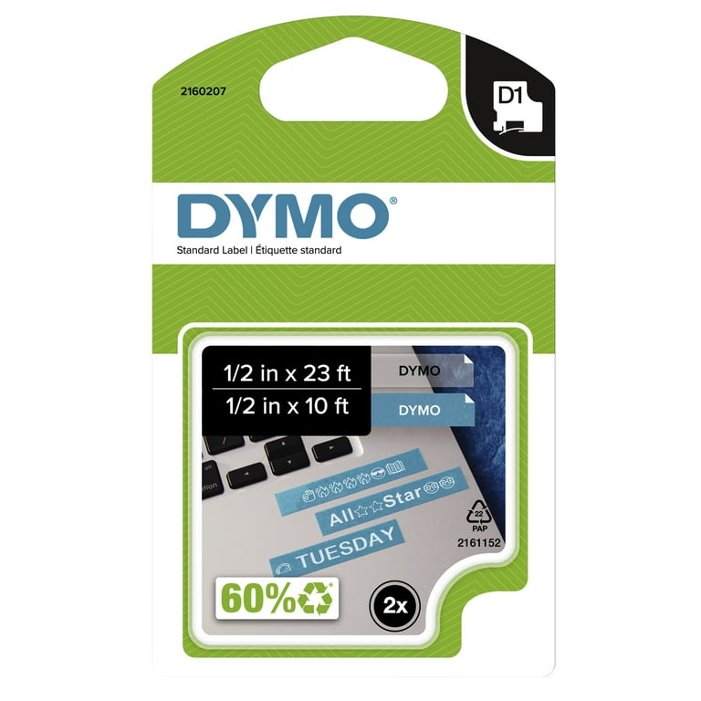DYMO D1 Label Combo Pack, 1/2 x 10' D1 (White Print on Blue Glitter) and  1/2 x 23' D1 (Black Print on Clear)
