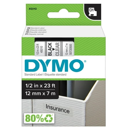 DYMO D1 Standard Labels for LabelManager Label Makers, 1/2-Inch x 23-Foot, Black Print on Clear Tape, Self-Adhesive, 1 Cartridge