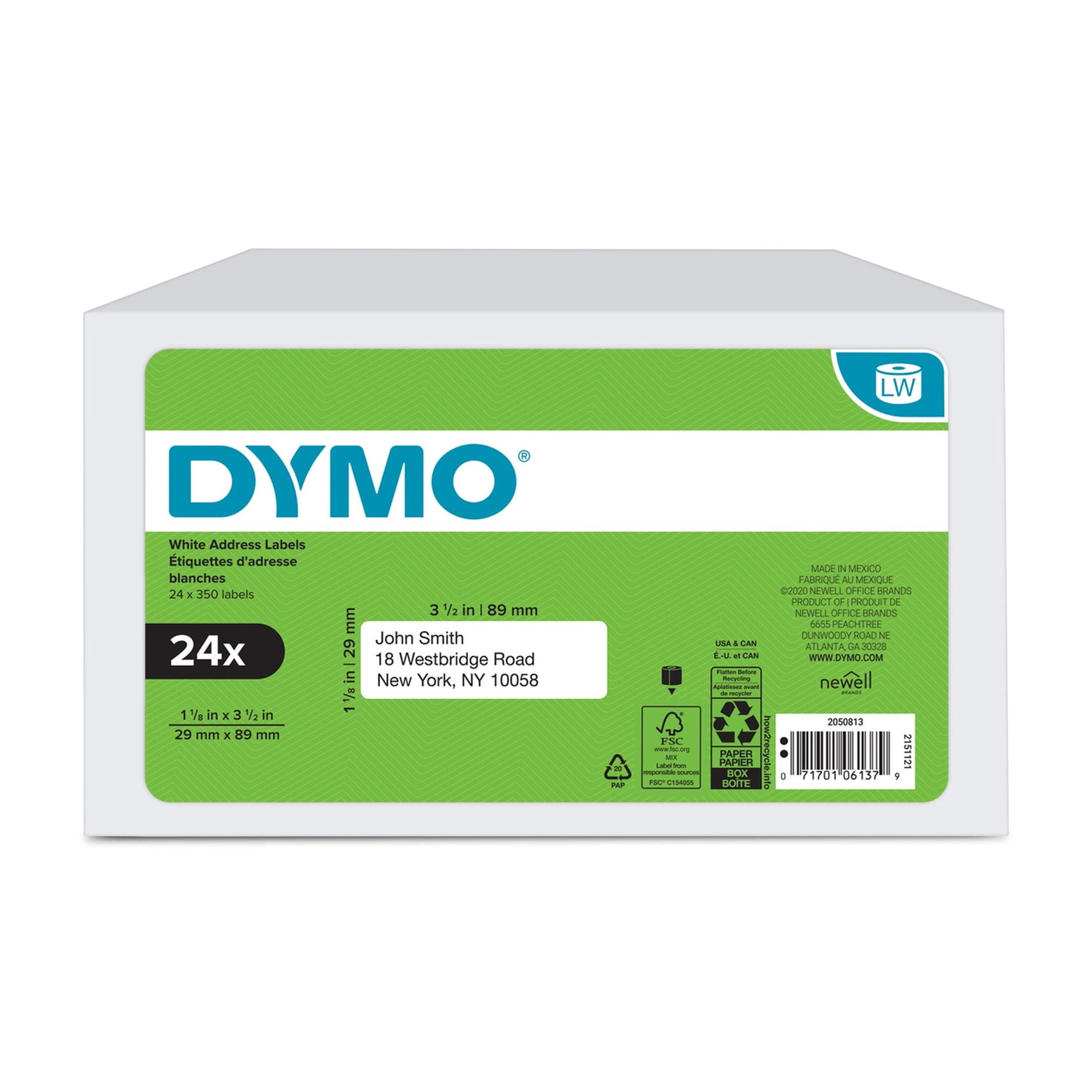 DYMO Authentic LW Mailing Address Labels, DYMO Labels for LabelWriter Label Printers, White, 1-1/8" x 3-1/2", 24 Rolls of 350 (8400 Total)