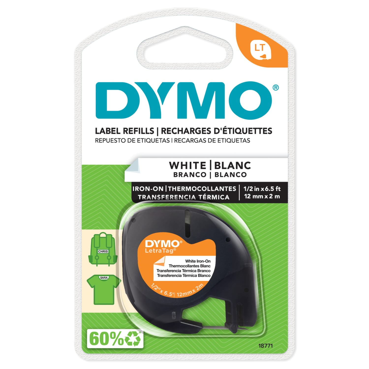 DYMO LT Iron-on Fabric Labels for LetraTag Label Makers, Black Print on White Labels, 1/2-inch x 6-1/2-foot Roll, Iron on
