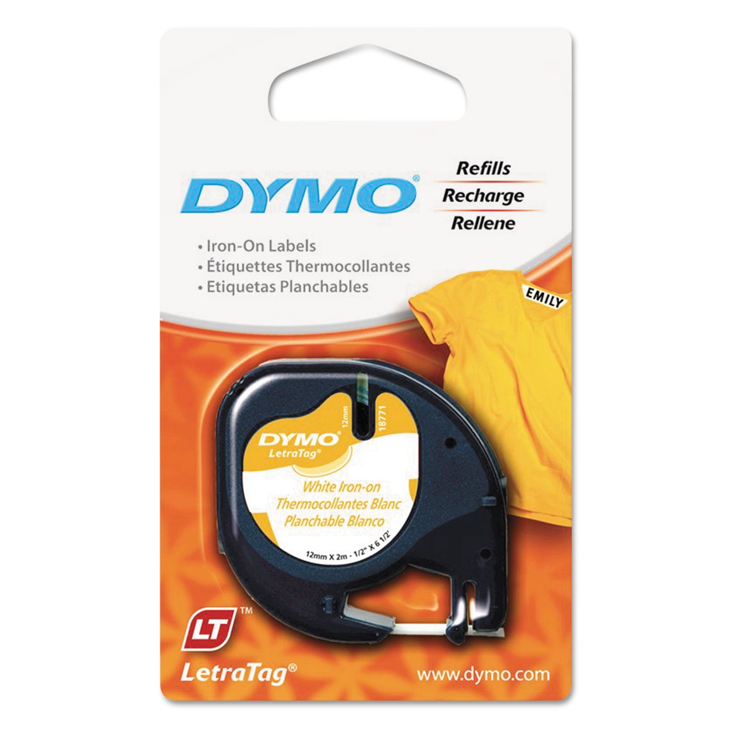 DYMO LT Iron-on Fabric Labels for LetraTag Label Makers, Black Print on White Labels, 1/2-inch x 6-1/2-foot Roll, Iron on