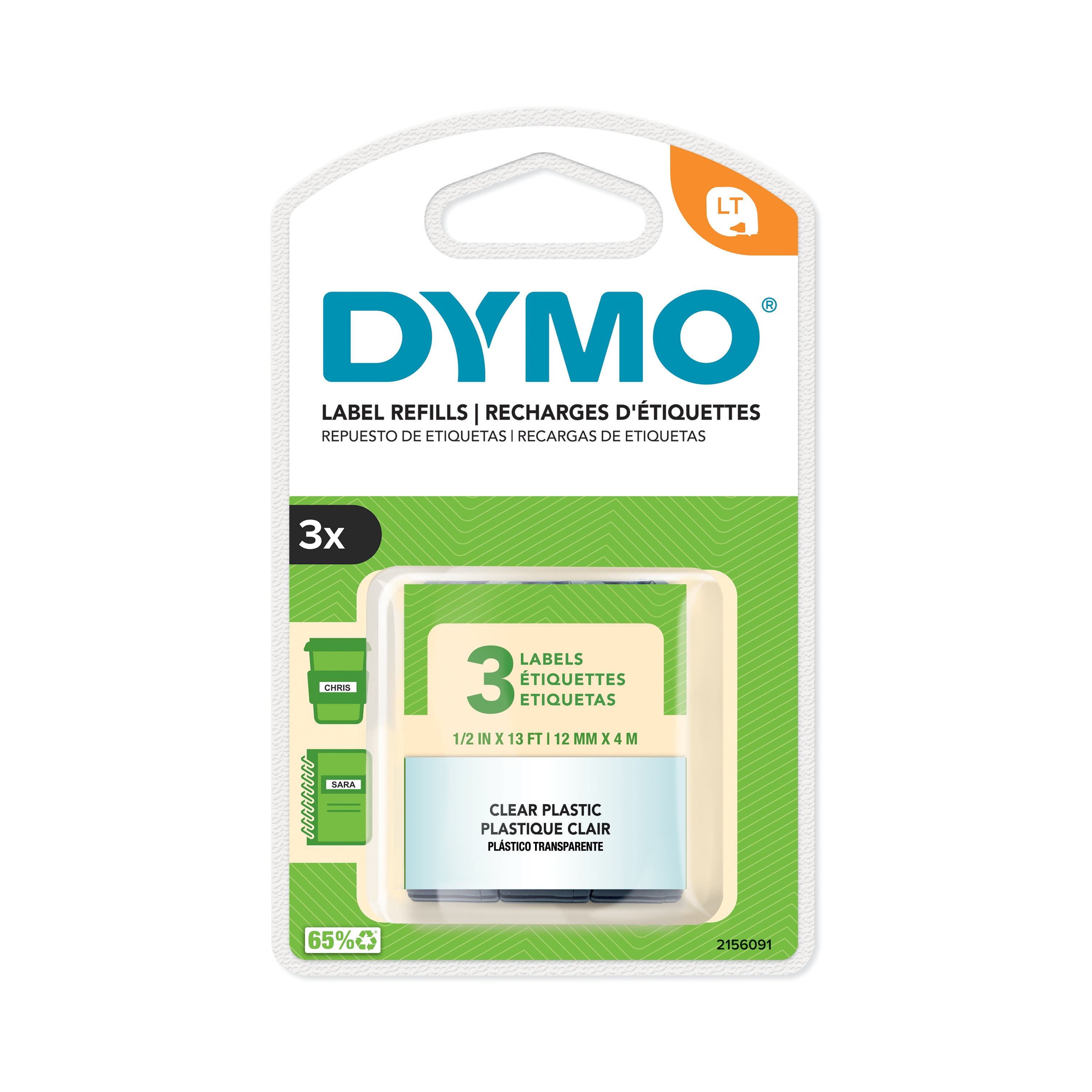 DYMO LT Labeling Tape for LetraTag Label Makers, Black Print on Clear, 1/2" x 13-Foot Rolls, 3 Count