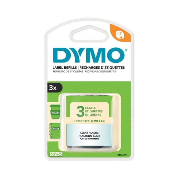 DYMO LT Labeling Tape for LetraTag Label Makers, Black Print on Clear, 1/2" x 13-Foot Rolls, 3 Count