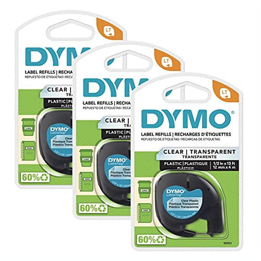 Dymo LT Plastic Labels for LetraTag Label Makers, Black Print on White Labels, 1/2-Inch x 13-Foot Rolls, 3 Count