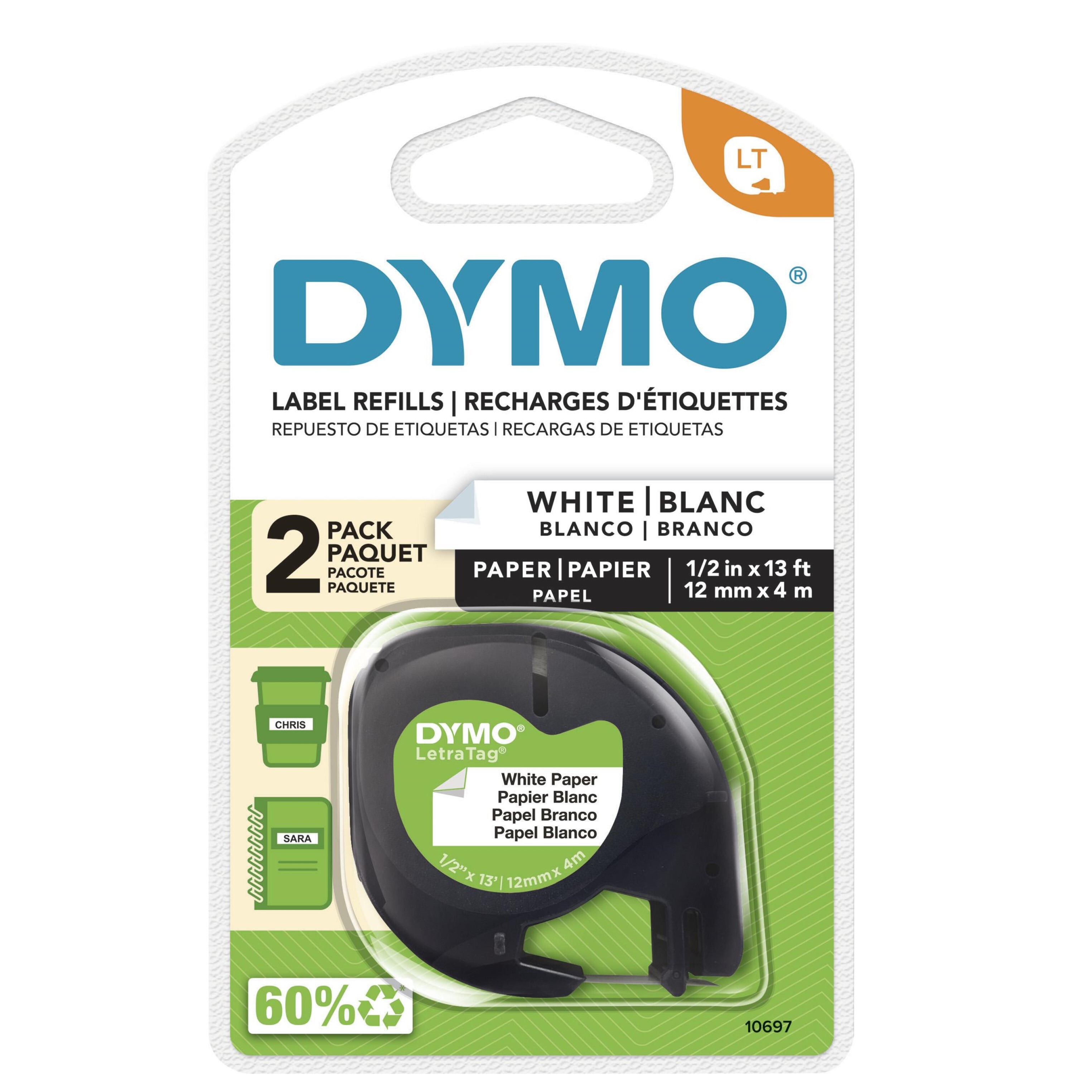 DYMO LT Paper Labels for LetraTag Label Makers, Black Print on White Labels, 1/2-inch x 13-Foot Roll - image 1 of 13