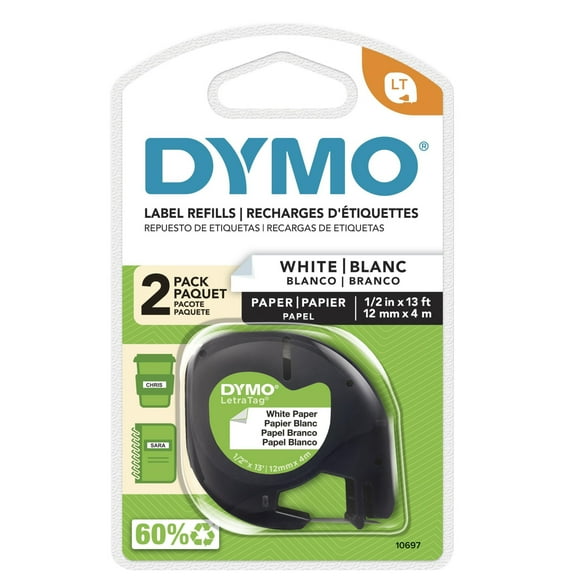 DYMO LT Paper Labels for LetraTag Label Makers, Black Print on White Labels, 1/2-inch x 13-Foot Roll