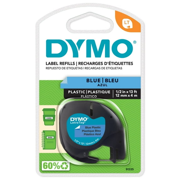 DYMO Labeling Tape for LetraTag Label Makers, Black Print on Blue Labels, 1/2" x 13' Roll