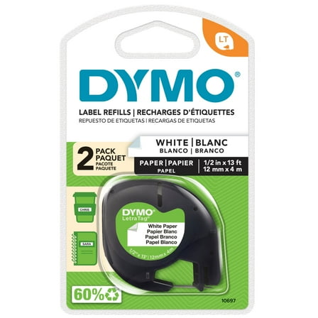 DYMO Labeling Tape for LetraTag Label Makers, Black Print on White Labels, 1/2" x 13-Foot Roll, 2 Pack