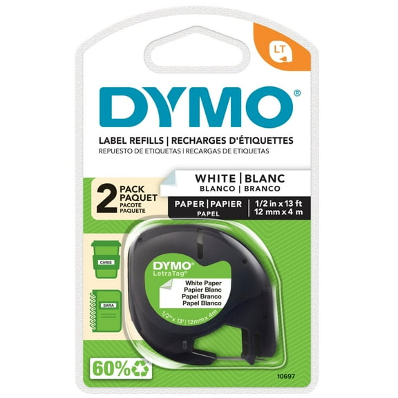 DYMO Labeling Tape for LetraTag Label Makers, Black Print on White Labels, 1/2" x 13-Foot Roll, 2 Pack