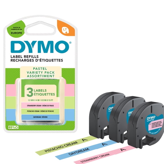 DYMO LetraTag Pastel Labels Starter Pack | 12mm x 4m Rolls | Pastel Green, Blue & Strawberry Cream | 3 Rolls of Plastic Self-Adhesive Label Tape | Authentic Labels for LetraTag Label Makers