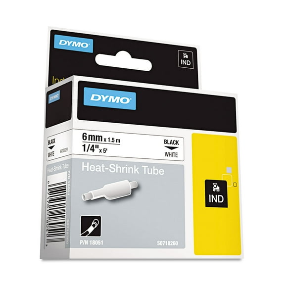 DYMO Rhino Heat Shrink Tubes Industrial Label Tape 0.25" x 5 ft, White/Black Print