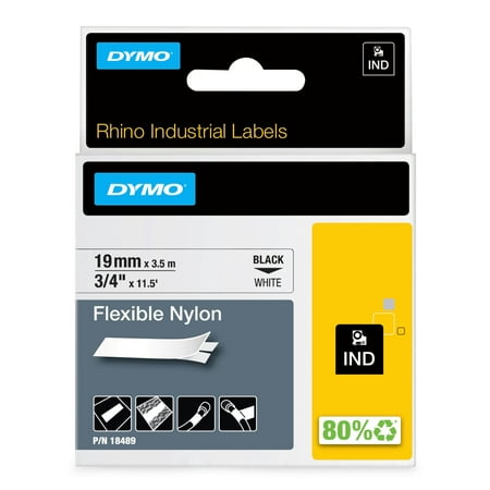 DYMO Rhino Industrial Flexible Nylon Labels, 3/4" x 11.5', Black Print on White Tape