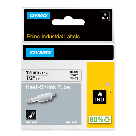 DYMO Rhino Industrial Heat-Shrink Labels, 1/2" Tube, Black Print on White
