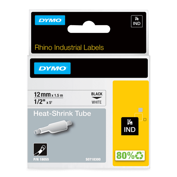 DYMO Rhino Industrial Heat-Shrink Labels, 1/2" Tube, Black Print on White
