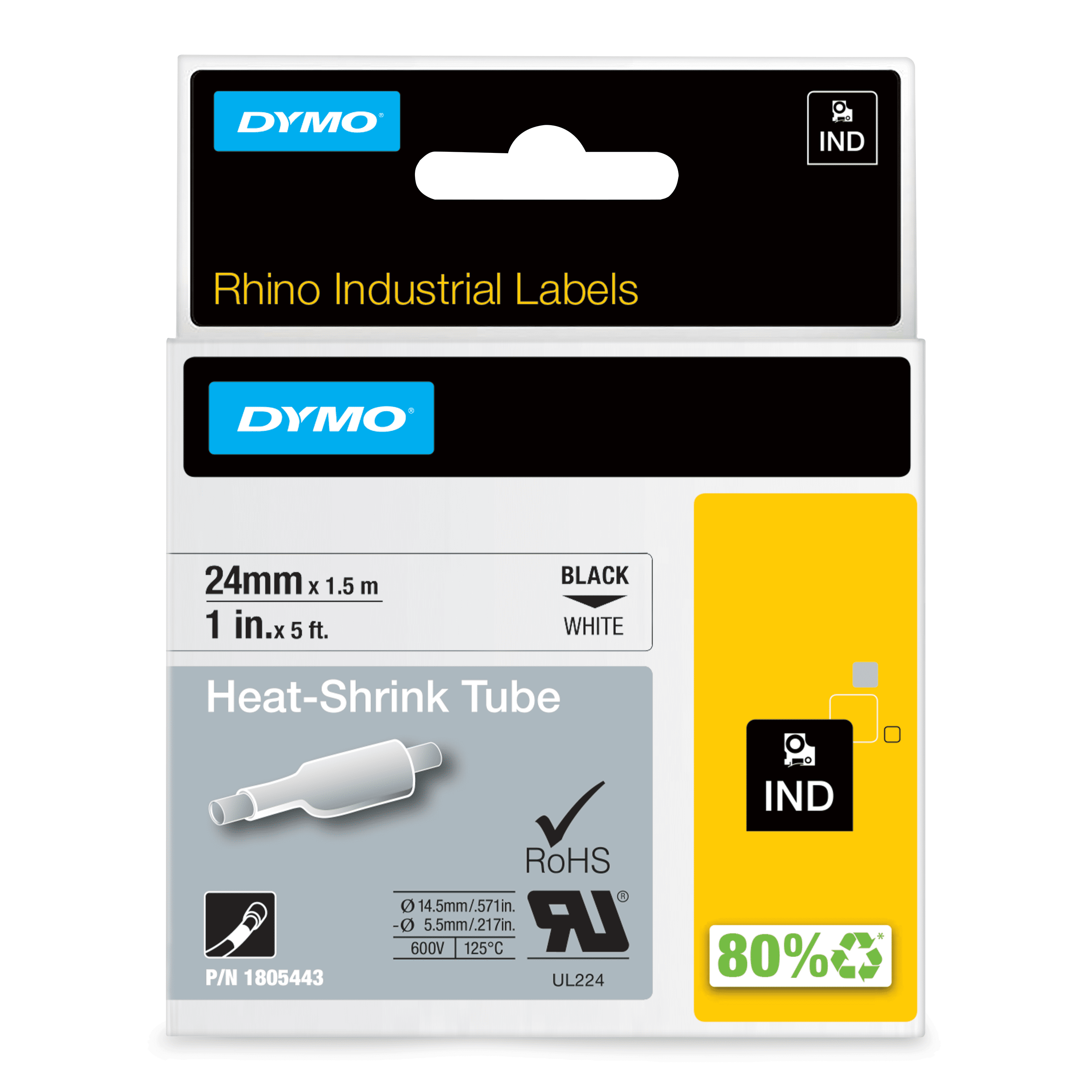 DYMO Rhino Industrial Heat-Shrink Labels, 1" Tube, Black Print on White