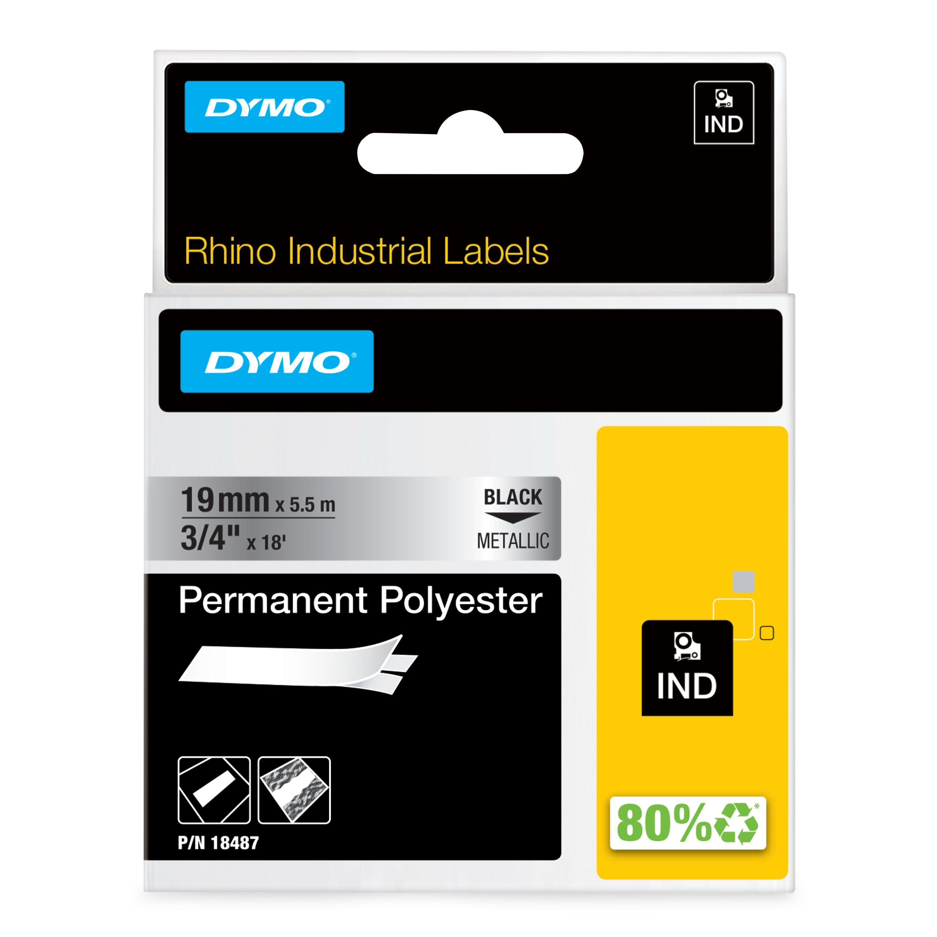 DYMO Rhino Industrial Permanent Polyester Labels, 3/4", Black Print on Metallic Tape