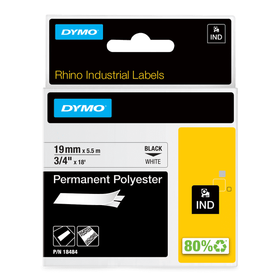 DYMO Rhino Industrial Permanent Polyester Labels, 3/4", Black Print on White Tape