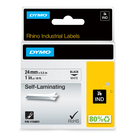 DYMO Rhino Industrial Self-Laminating Labels, 1", Black Print on White Tape