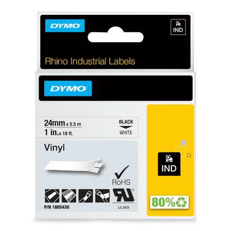Rhino Permanent Vinyl Industrial Label Tape, 1" x 18 ft, White/Black Print