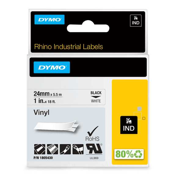 DYMO Rhino Industrial Vinyl Labels, 1", Black Print on White Tape