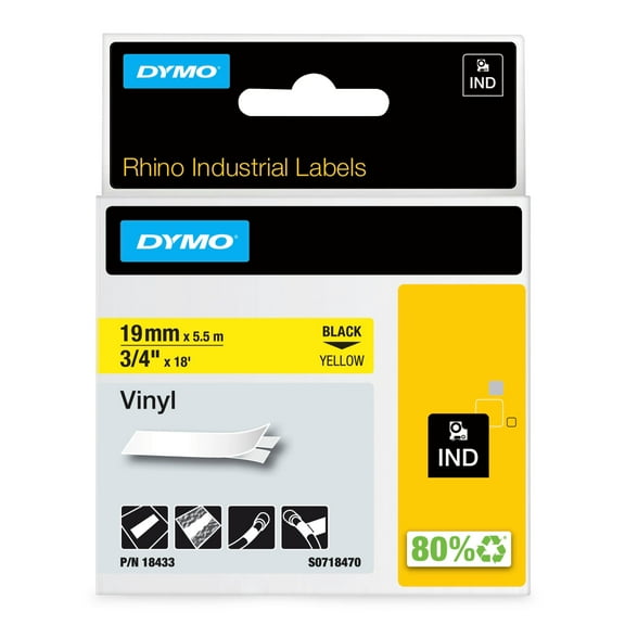 DYMO Rhino Industrial Vinyl Labels, 3/4", Black Print on Yellow Tape