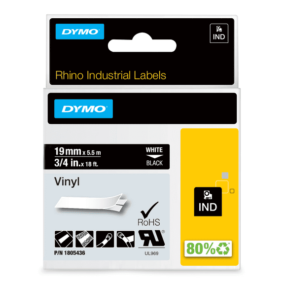 DYMO Rhino Industrial Vinyl Labels, 3/4", White Print on Black Tape