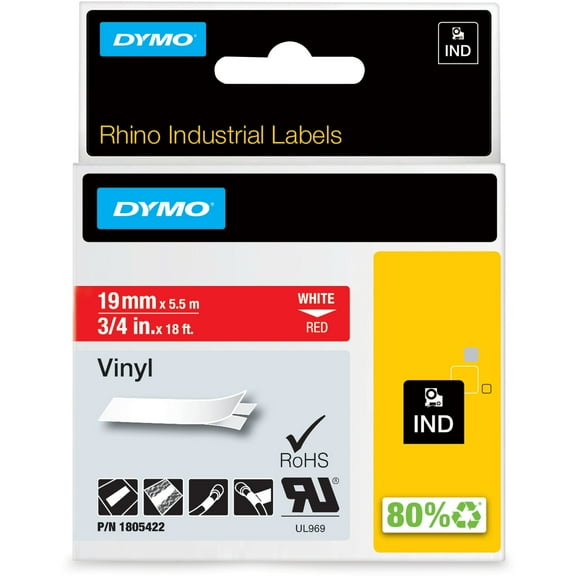 DYMO Rhino Industrial Vinyl Labels, 3/4", White Print on Red Tape